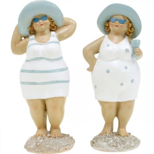 Floristik24 Decorative figure ladies on the beach, summer decoration, bathing figures with hat blue/white H15/15.5cm set of 2