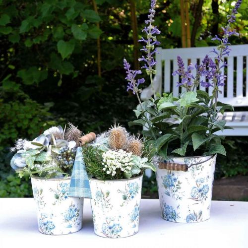 Floristik24 Spring decoration, metal bucket, plant bucket flower pattern, metal decoration H15/11/9.5cm set of 3