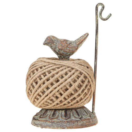 Product Vintage metal spool holder with bird and jute yarn H17cm