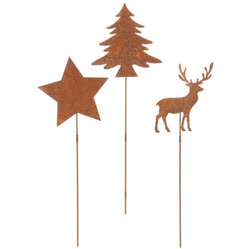 Garden stake, weathered steel, deer, star, fir tree, H10/15cm, 3 pieces | Floristik24.ie