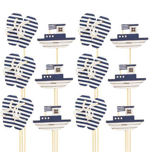 Product Garden Stake Maritime Wooden Flip Flops Boat Blue White 8cm 12 Pcs