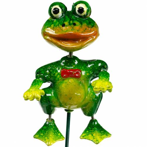 Plant stake decorative frog with bow tie and metal feathers green, yellow, red H68.5cm