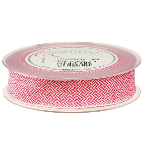 Product Gift Ribbon Herringbone Pattern Ribbon White Pink 25mm 15m