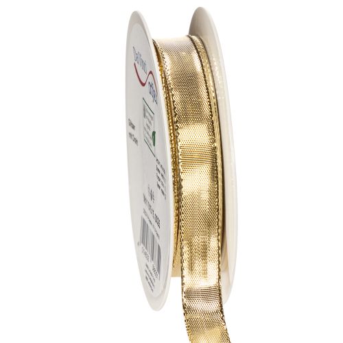 Product Gold gift ribbon with wire edge, 15mm wide, 25m long