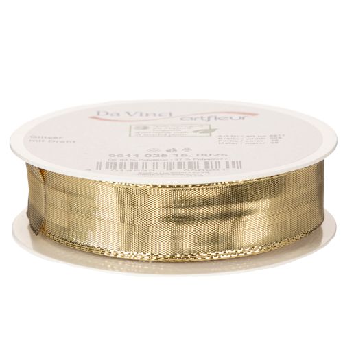 Gold gift ribbon with wire edge, 25mm wide, 25m long | Floristik24.ie