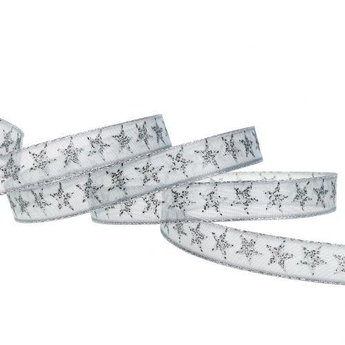 Floristik24 Gift ribbon with stars gray, silver 15mm 20m