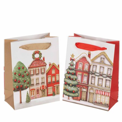 Christmas gift bag with houses and Christmas tree, 16cm, 2 pieces