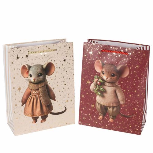 Gift bag with mouse motif and stars for Christmas, 24cm, 2 pieces