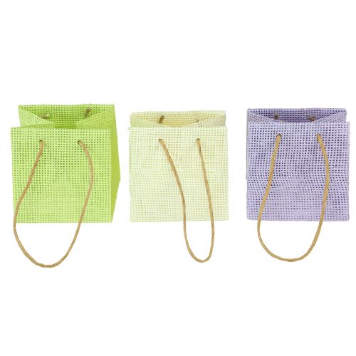 Gift bags woven with handles green, yellow, purple 10.5cm 12 pcs