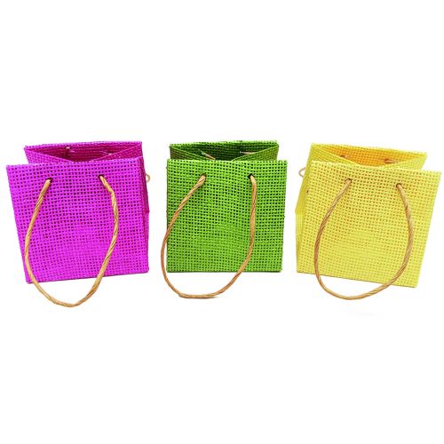 Gift bags with handles paper pink yellow green textile look 10.5cm 12pcs