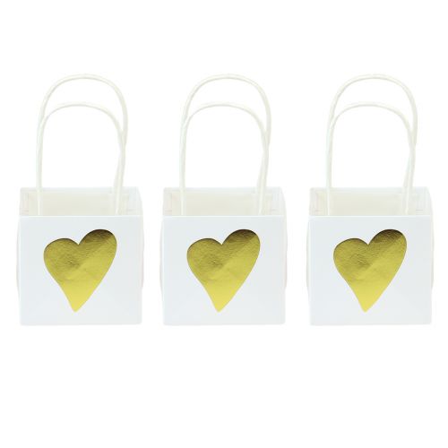 Gift bags with hearts and handles white gold 10.5cm 12pcs