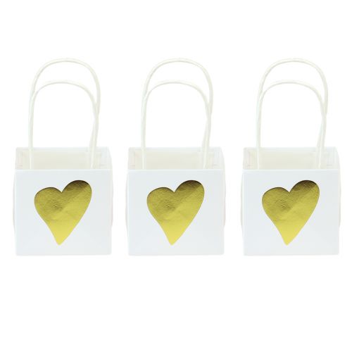 Floristik24 Gift Bags with Hearts and Handles White Gold 10.5cm 12 Pcs
