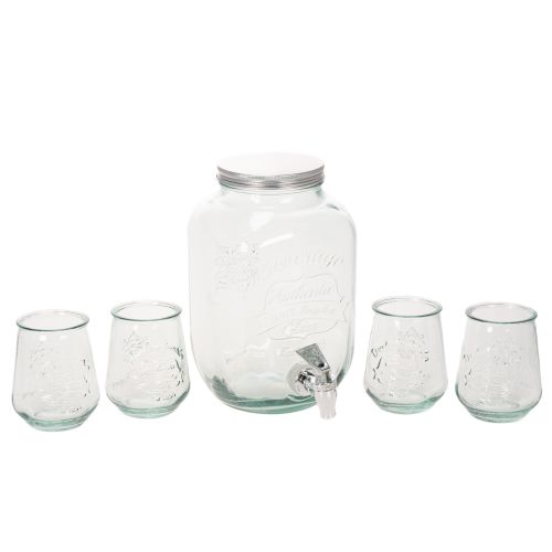 Glass Beverage Dispenser with Tap and 4 Glasses H25.5cm