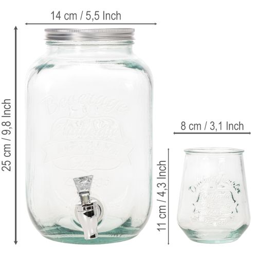 Glass Beverage Dispenser with Tap and 4 Glasses H25.5cm | Floristik24.ie