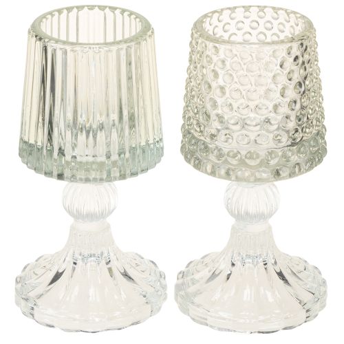 Glass tealight holder with base dots and grooves H15cm 2pcs