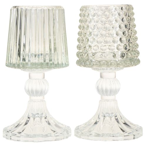 Product Glass tealight holder with base dots and grooves H15cm 2pcs