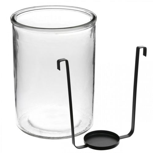 Product Lantern glass with tea light holder black metal Ø13.5×H20cm