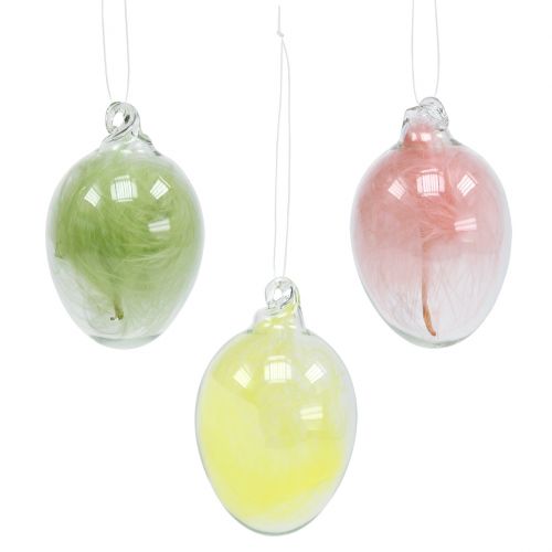 Floristik24 Glass egg with feathers assorted 6cm 6pcs