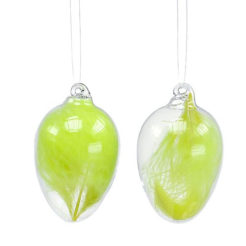 Glass egg with feathers to hang 6.5cm light green 6pcs