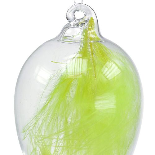 Product Glass egg with feathers to hang 6.5cm light green 6pcs