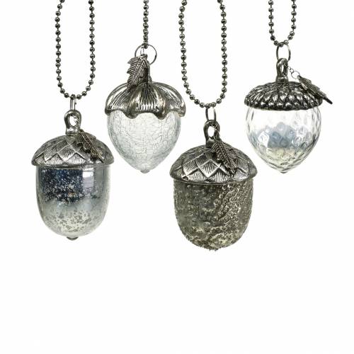 Christmas tree decorations acorn to hang metal glass silver 7cm 4pcs