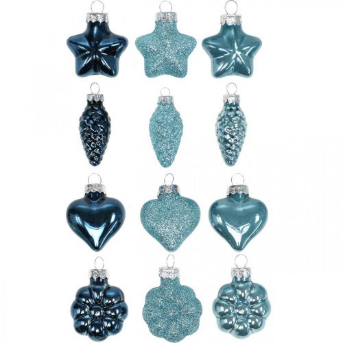 Mini Christmas tree decorations mix glass blue, glitter assorted 4cm 12pcs