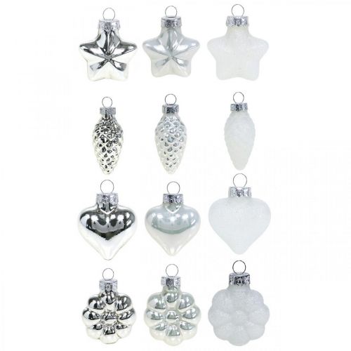 Floristik24 Mini Christmas tree decorations mix glass white, silver assorted 4cm 12pcs