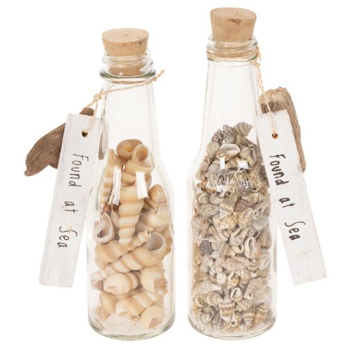 Glass bottle decoration with shells and pendant, maritime table decoration, 17cm, 2 pieces