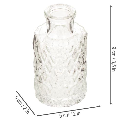 Mini glass vase with diamond pattern, small table vase, bottle, transparent, 9cm, 6 pieces | Floristik24.ie