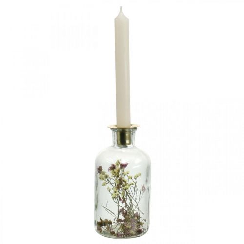 Floristik24 Glass with candlestick, glass decoration with dried flowers H16cm Ø8.5cm