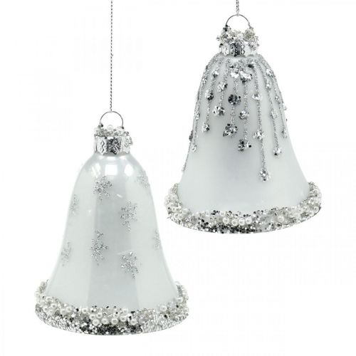 Christmas bells, Christmas tree decorations, glass bells Ø6.5cm H8cm white set of 2