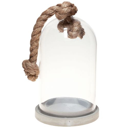 Glass bell with concrete look plate and rope Ø17cm H28cm