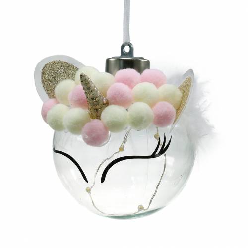 Floristik24 Christmas tree ball unicorn with LED light chain candy colors, transparent glass, pompom Ø8cm For batteries