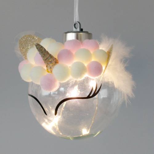 Product Christmas tree ball unicorn with LED light chain candy colors, transparent glass, pompom Ø8cm For batteries