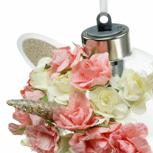 Floristik24 Christmas bauble unicorn with LED light chain and flowers yellow, red, transparent glass, paper roses Ø8cm For batteries