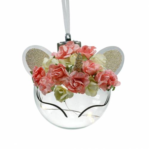 Christmas bauble unicorn with LED light chain and flowers yellow, red, transparent glass, paper roses Ø8cm For batteries
