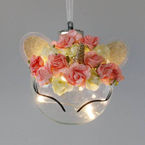 Floristik24 Christmas bauble unicorn with LED light chain and flowers yellow, red, transparent glass, paper roses Ø8cm For batteries