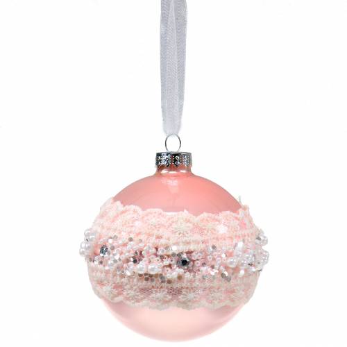 Floristik24 Glass ball pink with lace and pearls 3pcs