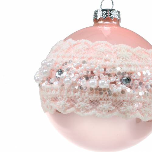 Floristik24 Glass ball pink with lace and pearls 3pcs