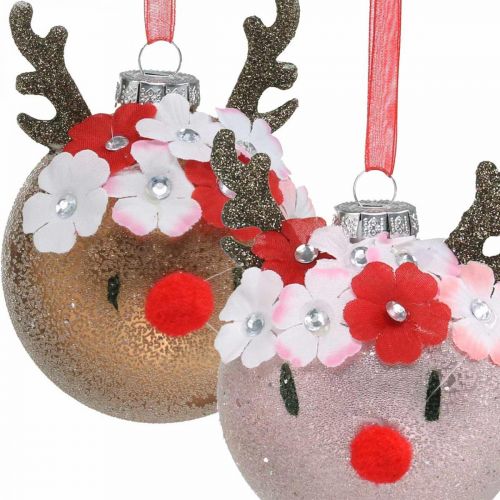 Product Christmas tree ball, reindeer with flower wreath, advent decoration, tree decoration brown, pink real glass Ø8cm 2pcs