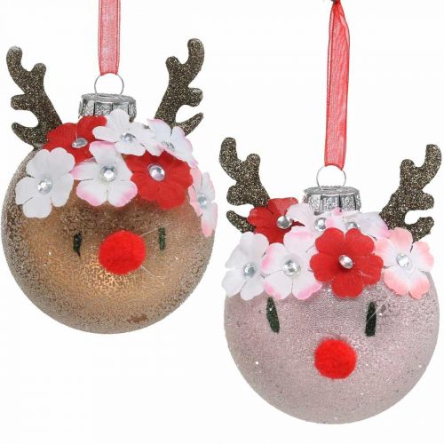 Floristik24 Christmas tree ball, reindeer with flower wreath, advent decoration, tree decoration brown, pink real glass Ø8cm 2pcs
