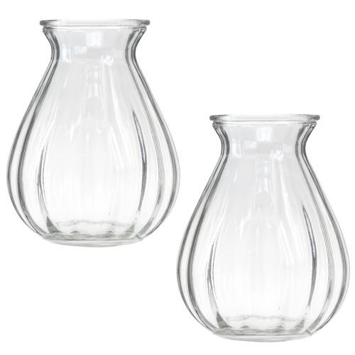 Floristik24 Glass vase bulbous vase with grooves clear Ø11cm H14cm 2pcs