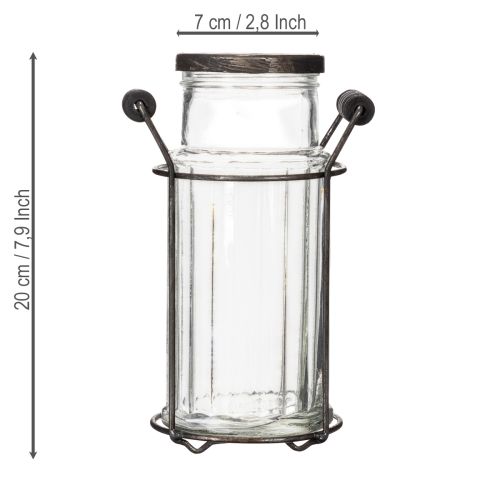 Product Glass bottle in a metal basket, ideal for decorative accents in the living room, 20cm