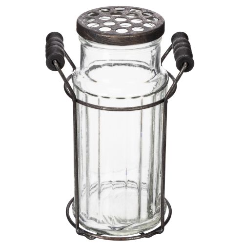 Product Glass bottle in a metal basket, ideal for decorative accents in the living room, 20cm