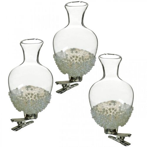 Glass vase with clip glitter and pearls Ø4.9cm H9.5cm clear 3pcs