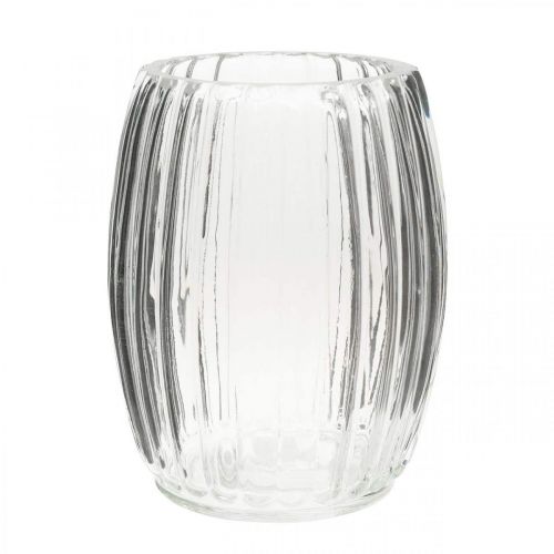 Glass vase with grooves, clear glass lantern H15cm Ø11.5cm