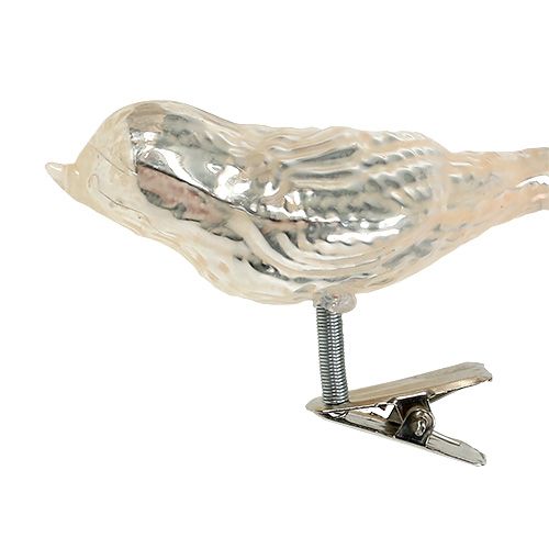 Product Glass bird on clip cream 7.5cm 3pcs