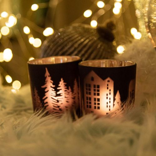 Lanterns, tea light holder glass Christmas black Ø7cm 2pcs