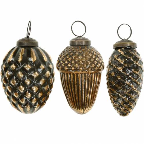 Acorns and cones to hang brown, golden glass 8.5cm 3pcs in a set