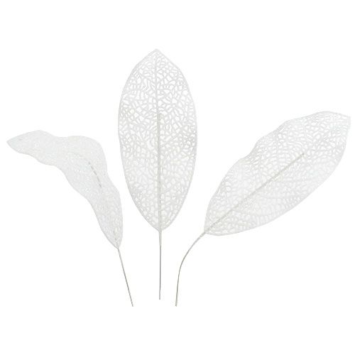 Floristik24 Glitter leaf on wire white 14x6cm L25cm 36pcs